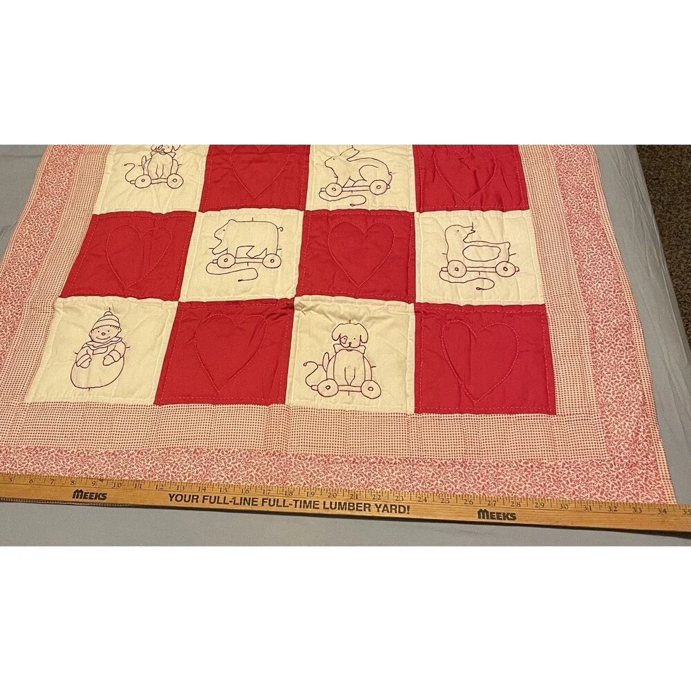 10 Panel Embroidered Gingham Heirloom Quality Baby Blanket Quilt 43.5 X 34.5”